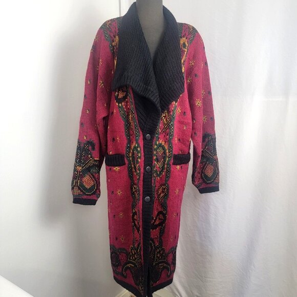 CERVELLE Sweaters - Cervelle Boho Cardigan Sweater Coat Button Up Front Vintage XL Maroon Gold Green